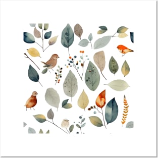 Lovely leaves, berries and birds forest pattern Posters and Art